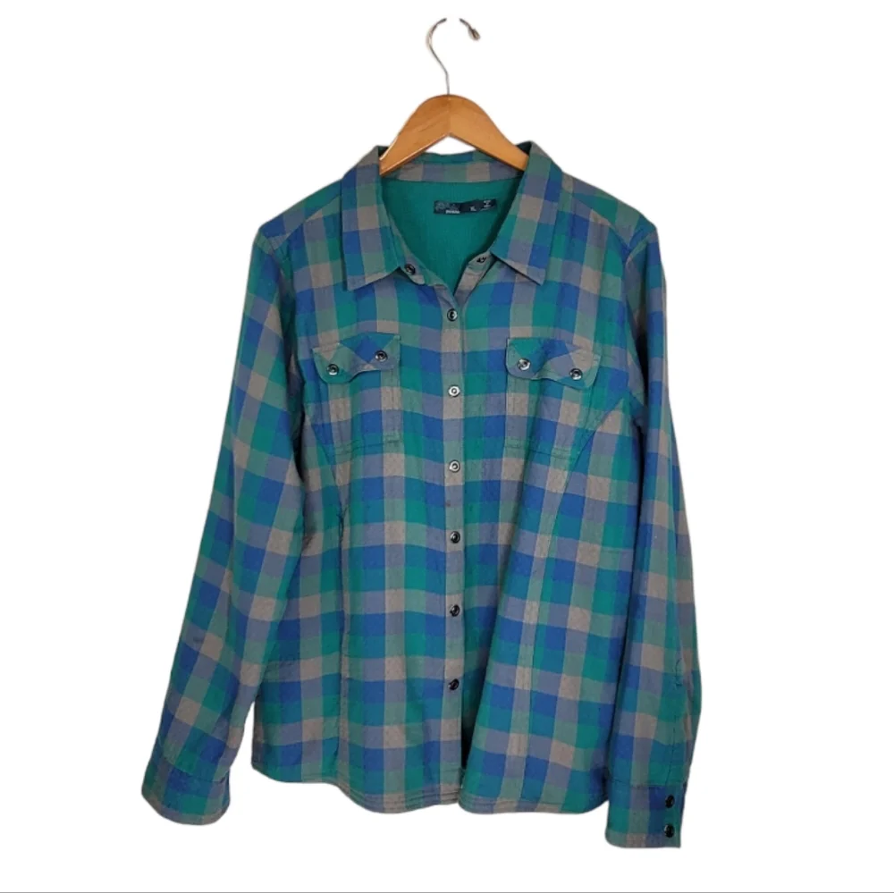 XL Prana Plaid Shacket 100% Organic Cotton Waffle Knit Lining Teal Green & Blue - Picture 2 of 16